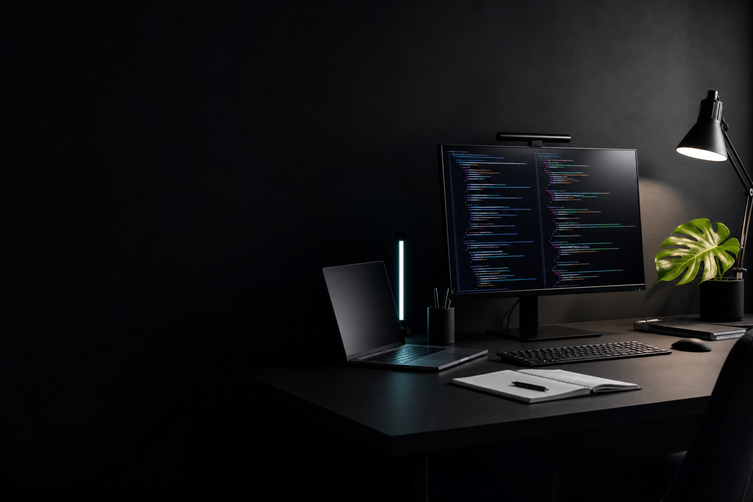 Dunkler Entwicklungsarbeitsplatz mit Monitor, Laptop und Schreibtischlampe