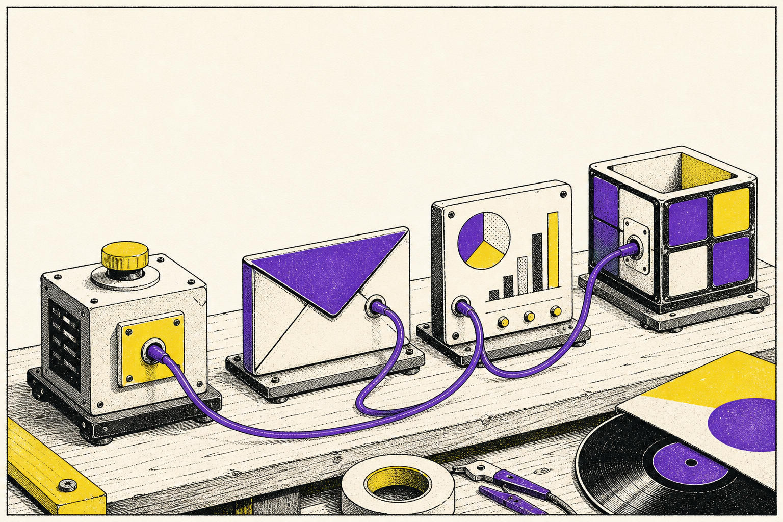 Illustration verbundener Software-Komponenten auf einer Werkbank